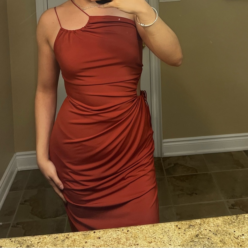 Sleek Burnt Orange Side cutout Asymmetric Ruched Dress